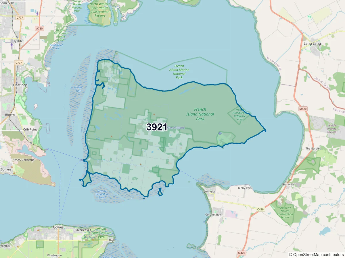 Map of postcode 3921 — French Island, VIC, Australia
