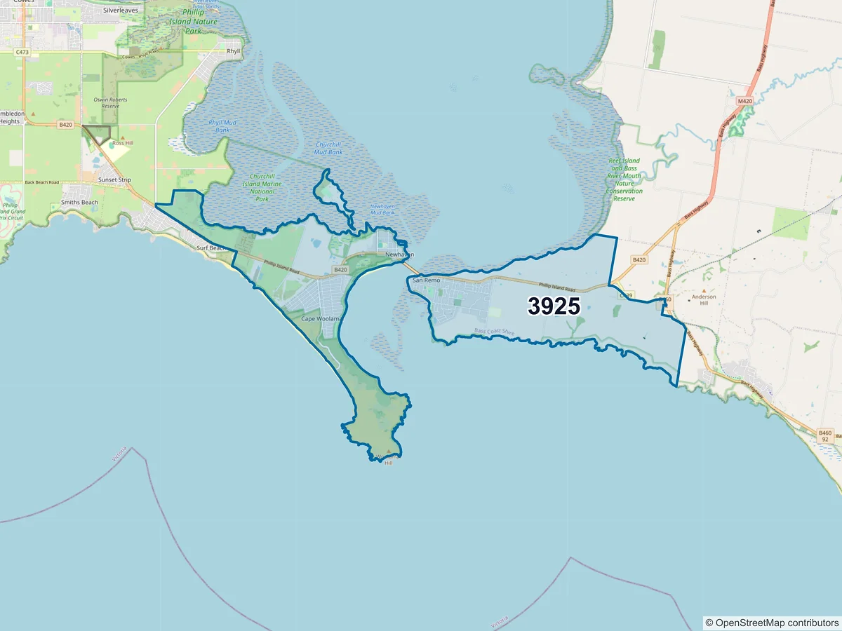 Map of postcode 3925 — San Remo, VIC, Australia