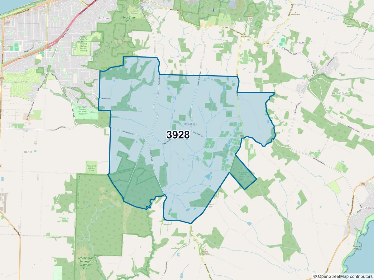 Map of postcode 3928 — Main Ridge, VIC, Australia