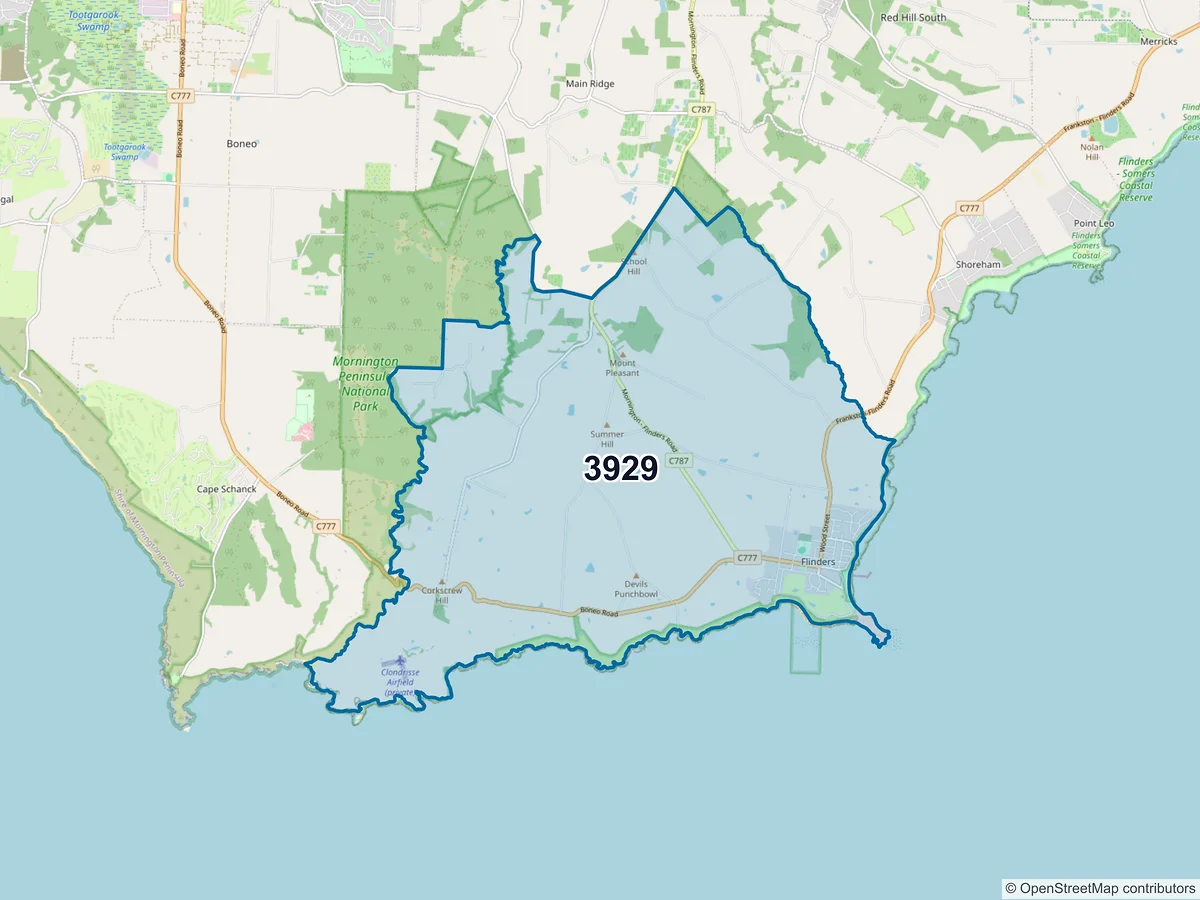 Map of postcode 3929 — Flinders, VIC, Australia