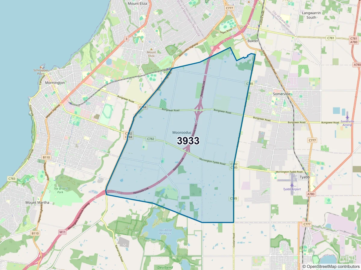 Map of postcode 3933 — Moorooduc, VIC, Australia