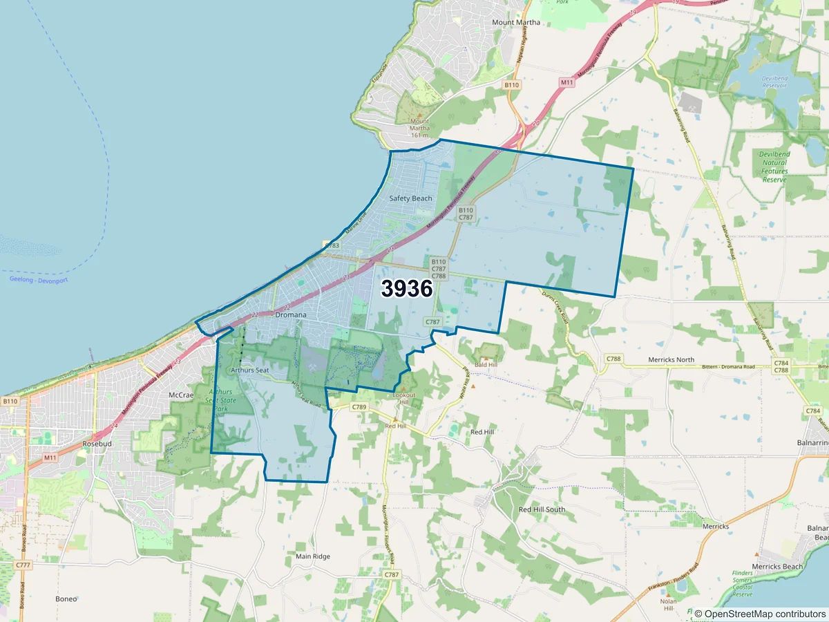 Map of postcode 3936 — Dromana, VIC, Australia