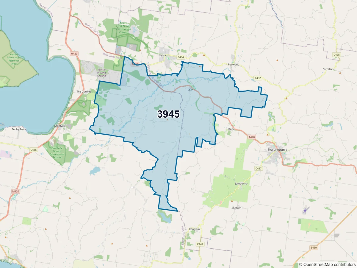 Map of postcode 3945 — Loch, VIC, Australia