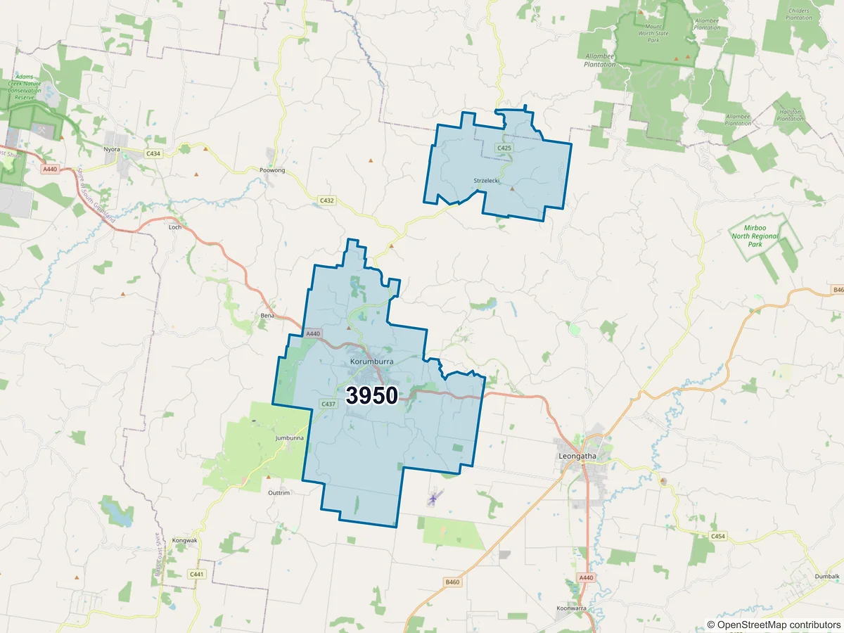 Map of postcode 3950 — Korumburra, VIC, Australia