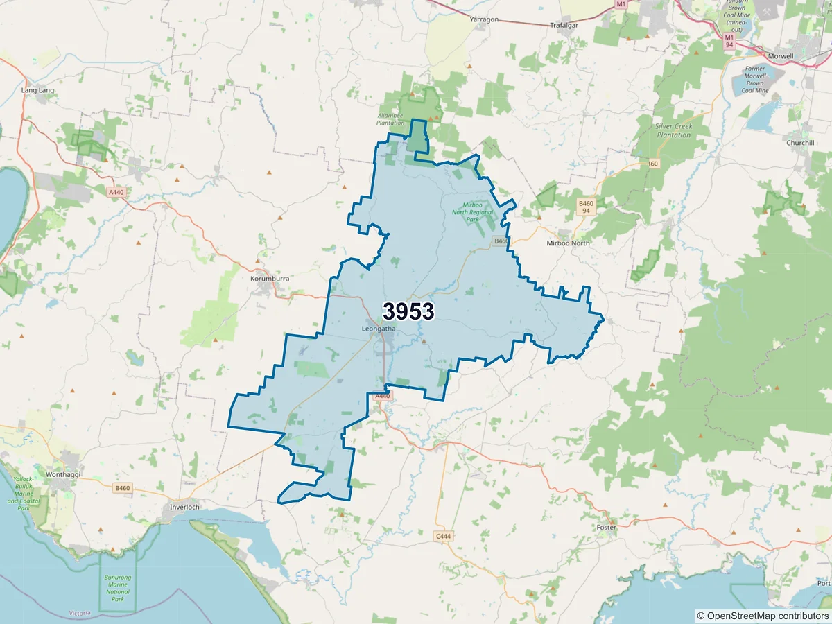 Map of postcode 3953 — Leongatha, VIC, Australia