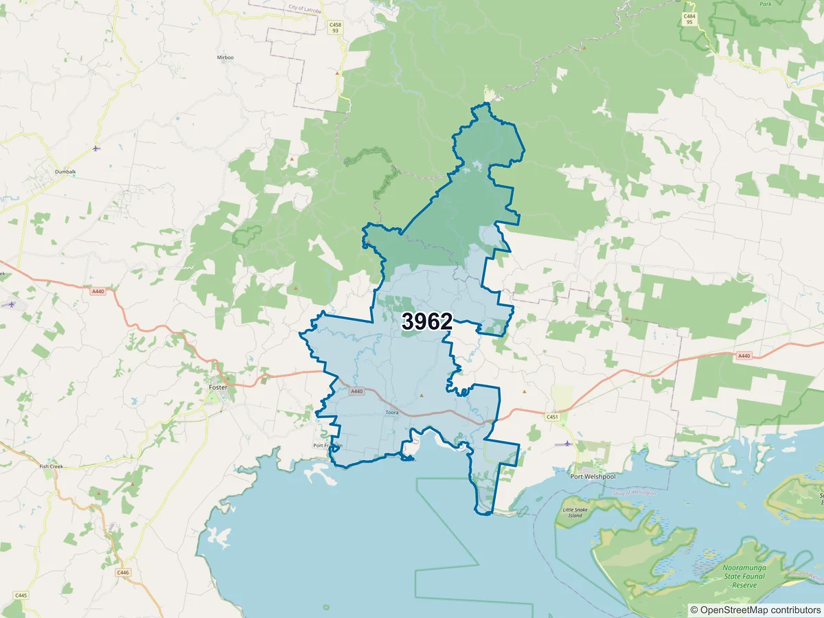 Map of postcode 3962 — Toora, VIC, Australia