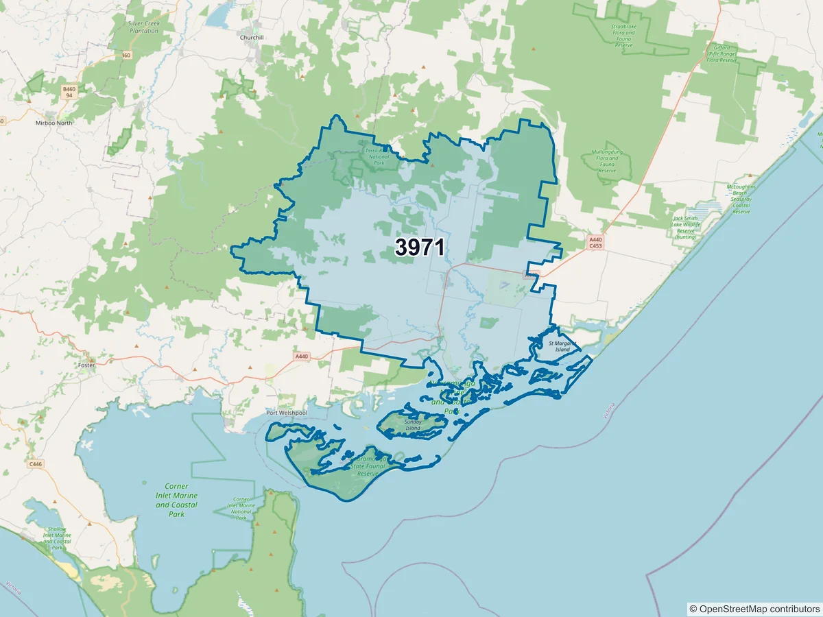 Map of postcode 3971 — Yarram, VIC, Australia
