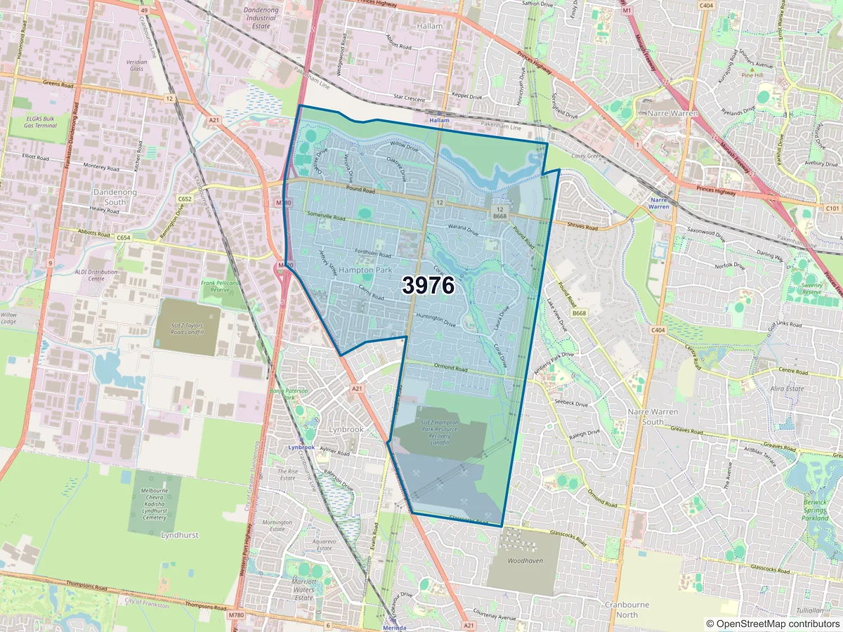 Map of postcode 3976 — Hampton Park, VIC, Australia