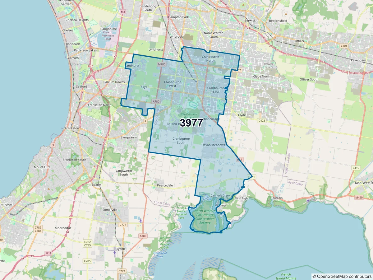 Map of postcode 3977 — Cranbourne, VIC, Australia