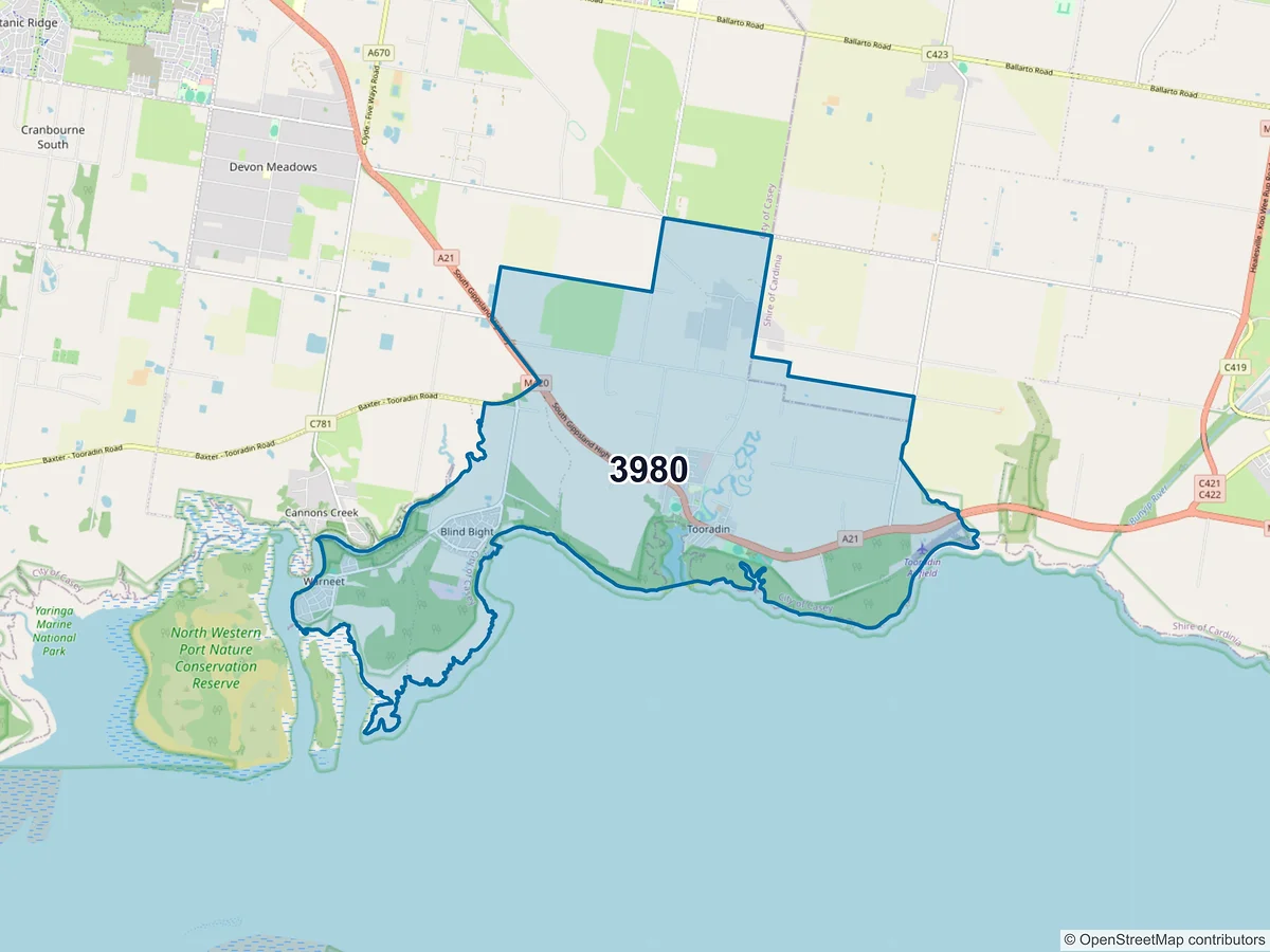 Map of postcode 3980 — Tooradin, VIC, Australia