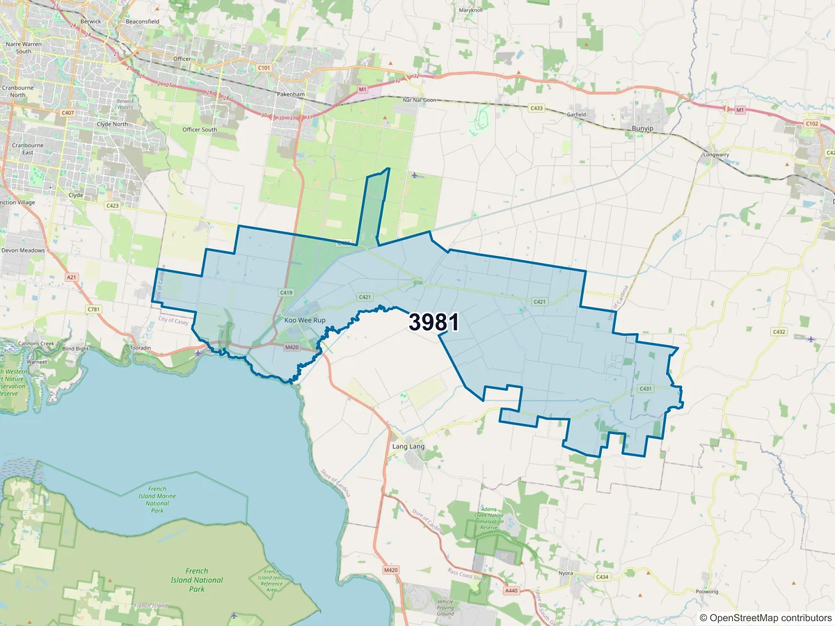 Map of postcode 3981 — Koo Wee Rup, VIC, Australia