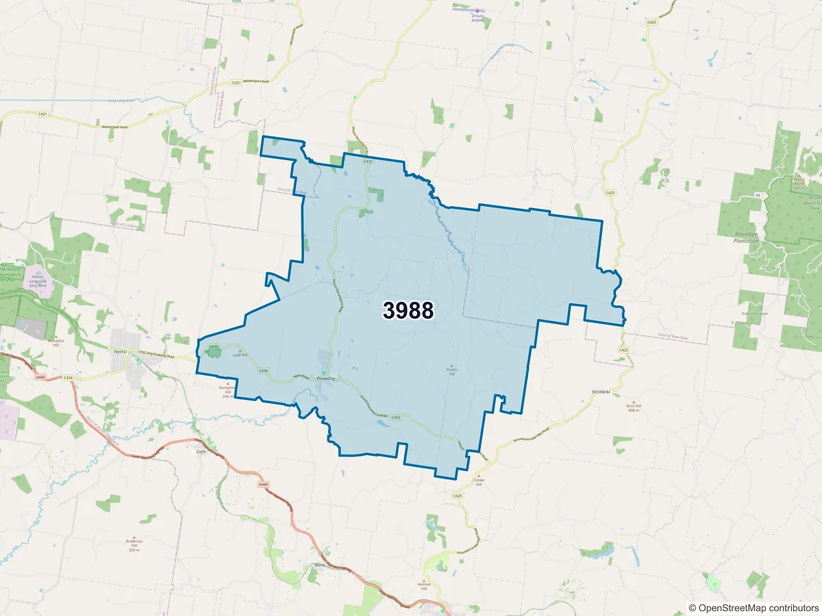 Map of postcode 3988 — Poowong, VIC, Australia
