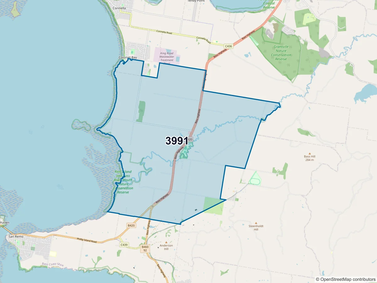 Map of postcode 3991 — Bass, VIC, Australia