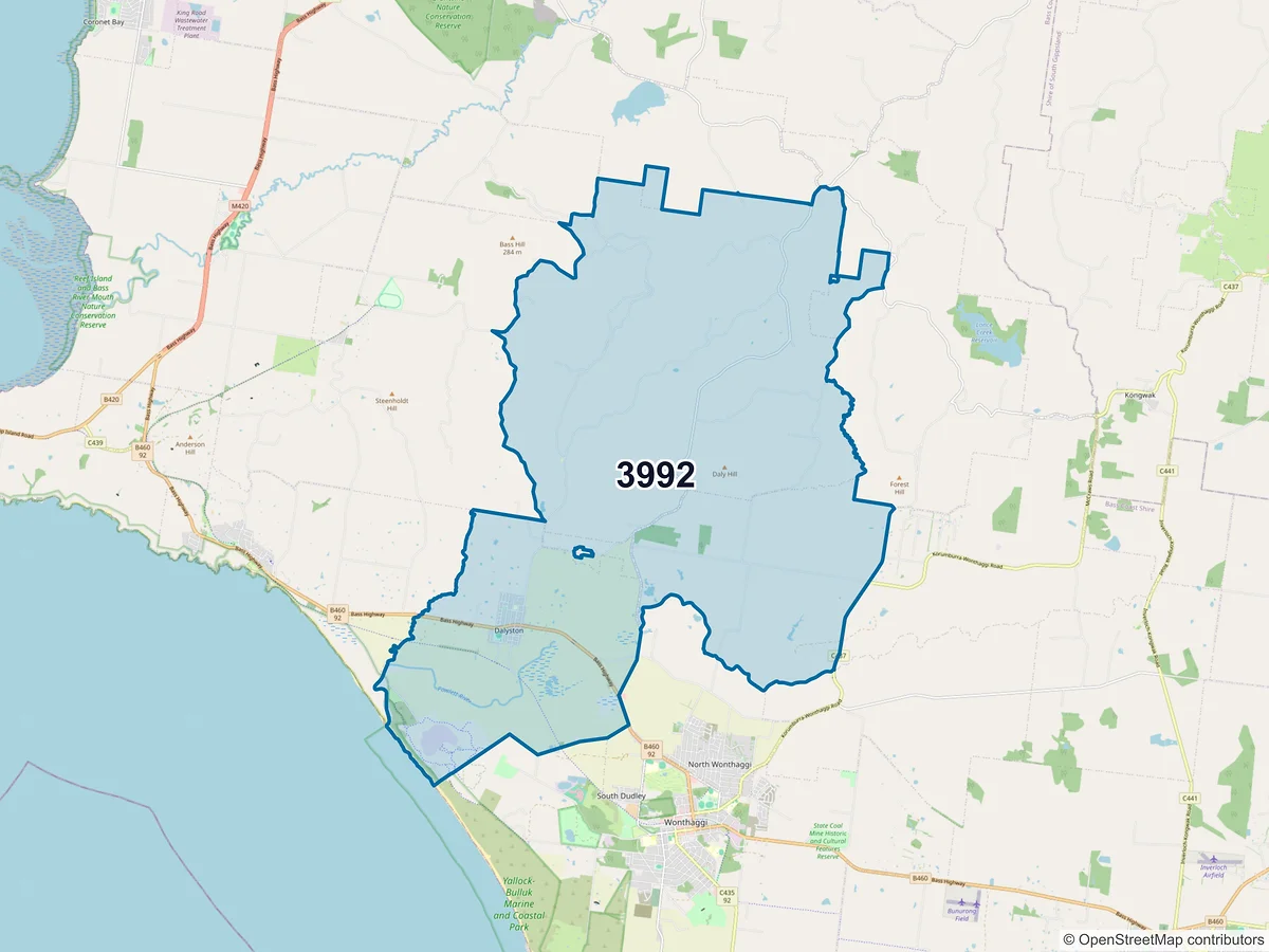 Map of postcode 3992 — Dalyston, VIC, Australia