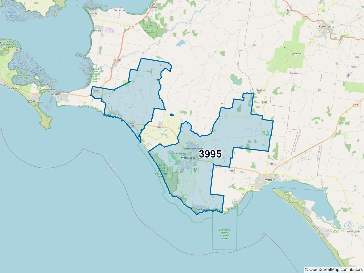 Map of postcode 3995 — Wonthaggi, VIC, Australia
