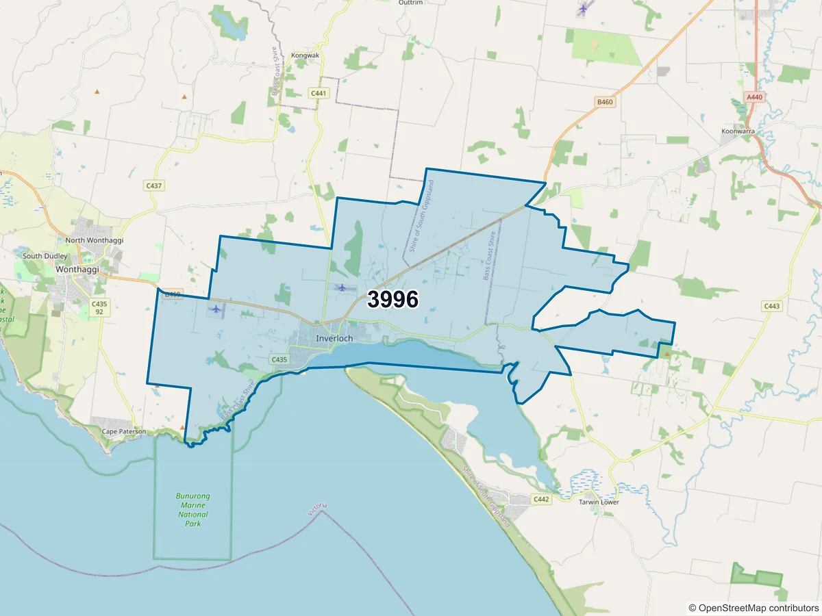 Map of postcode 3996 — Inverloch, VIC, Australia
