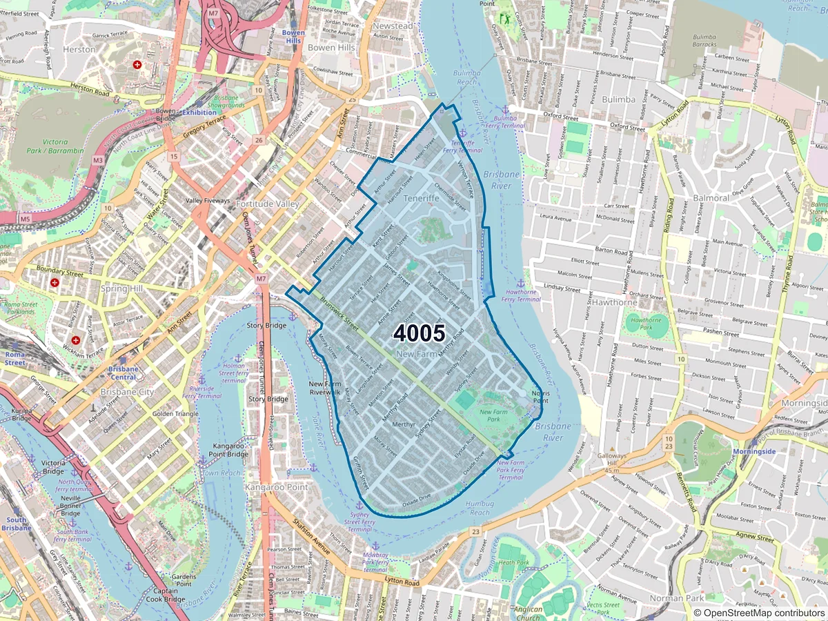Map of postcode 4005 — New Farm, QLD, Australia