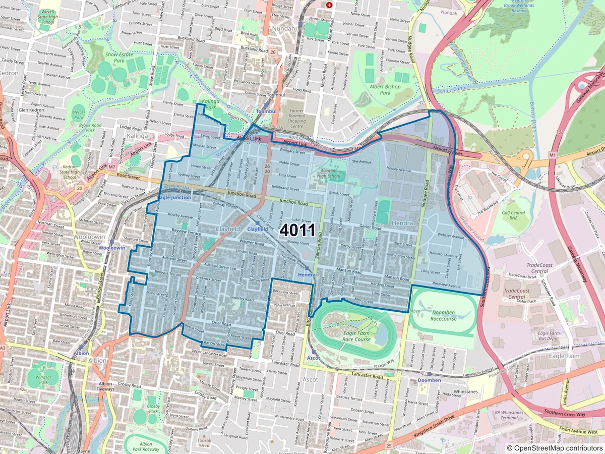 Map of postcode 4011 — Clayfield, QLD, Australia