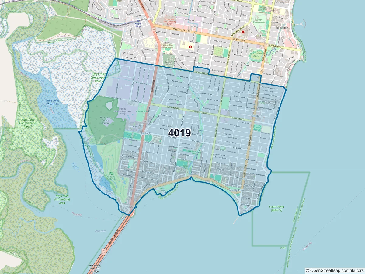 Map of postcode 4019 — Clontarf, QLD, Australia