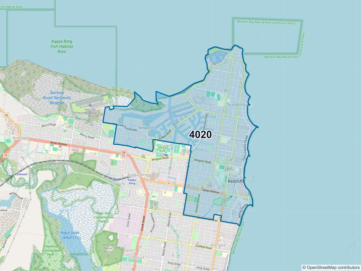 Map of postcode 4020 — Redcliffe, QLD, Australia