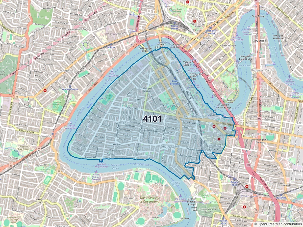 Map of postcode 4101 — South Brisbane, QLD, Australia
