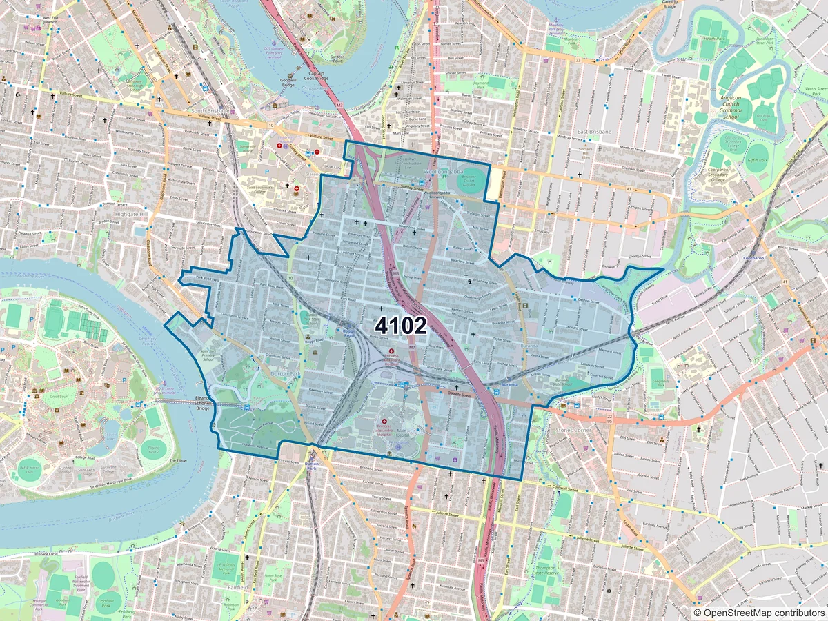 Map of postcode 4102 — Woolloongabba, QLD, Australia