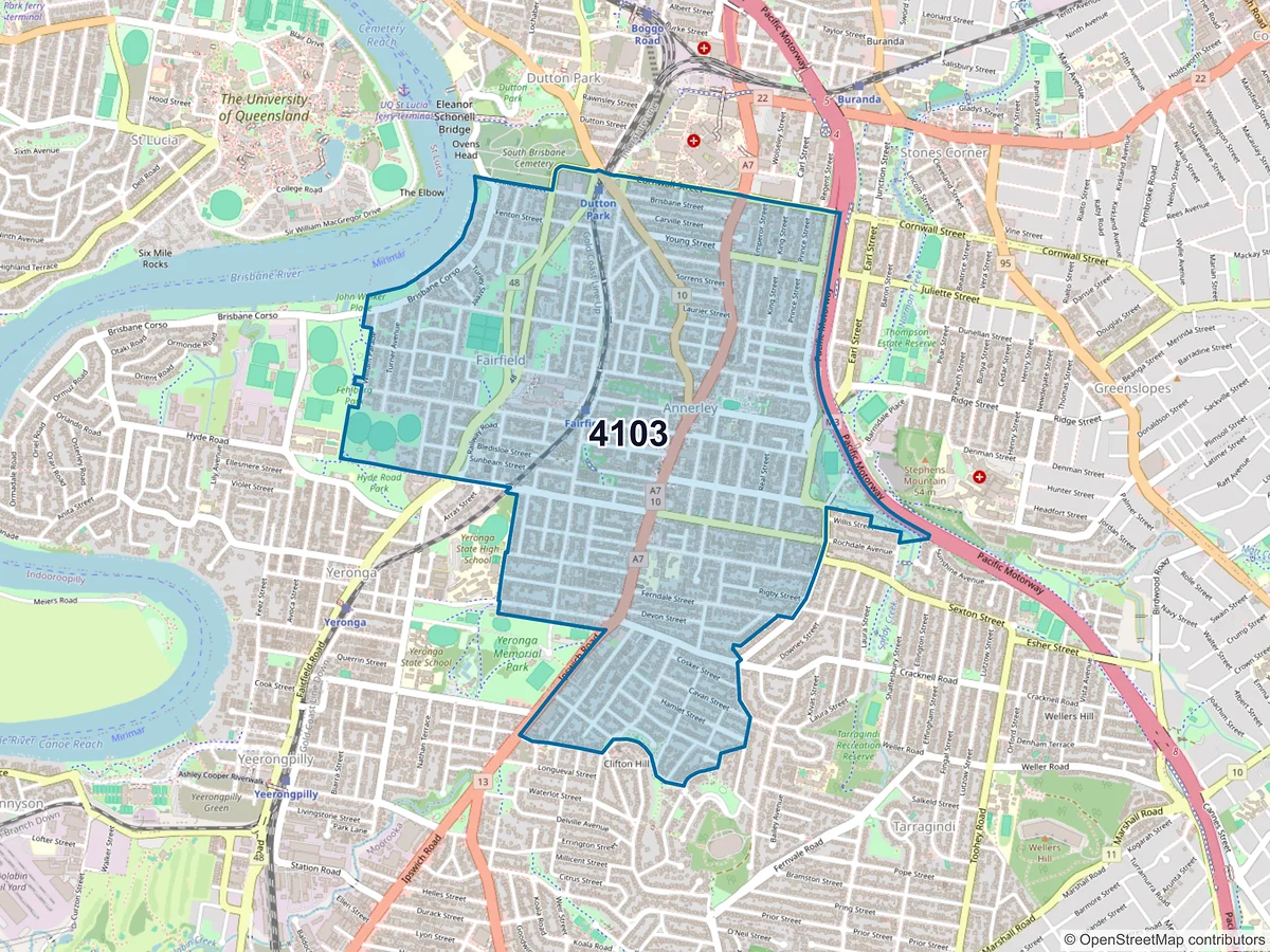 Map of postcode 4103 — Annerley, QLD, Australia