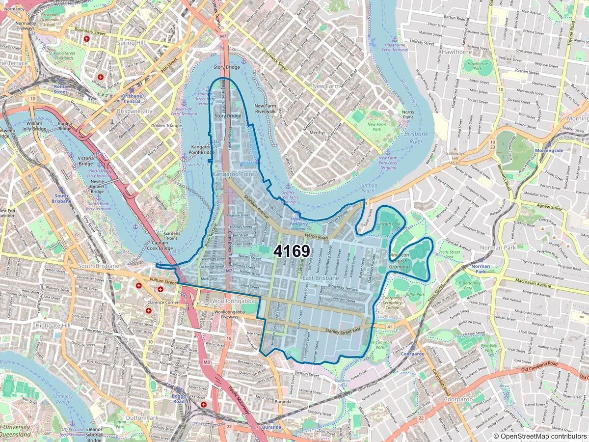 Map of postcode 4169 — Kangaroo Point, QLD, Australia