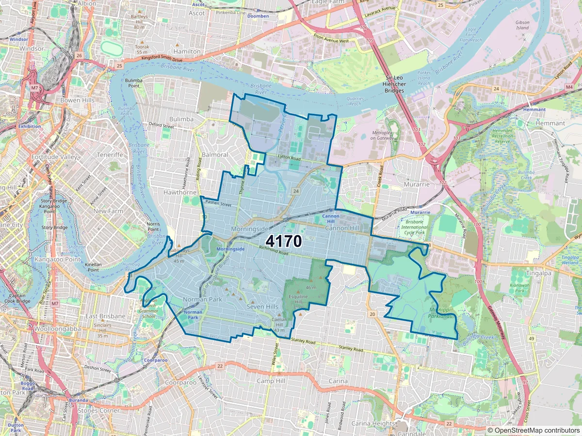 Map of postcode 4170 — Morningside, QLD, Australia