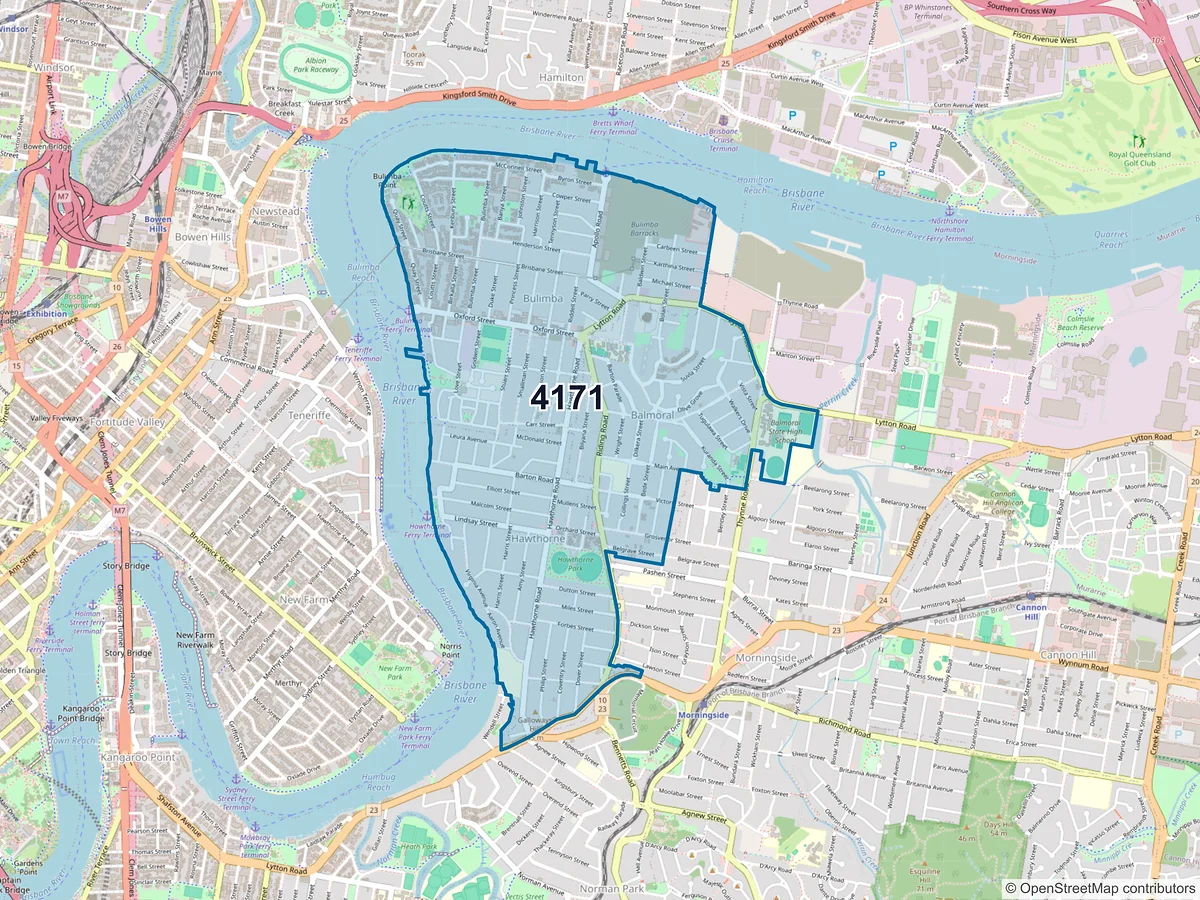Map of postcode 4171 — Bulimba, QLD, Australia