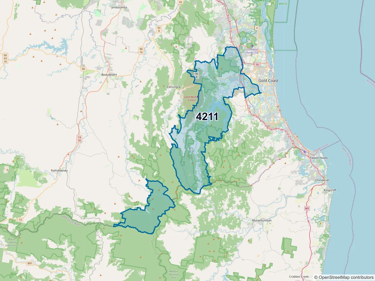 Map of postcode 4211 — Nerang, QLD, Australia