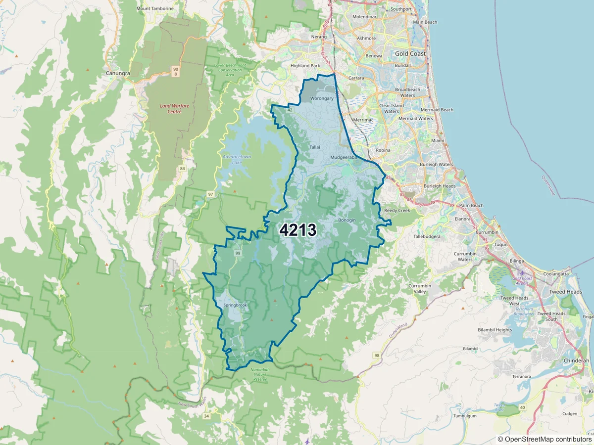 Map of postcode 4213 — Mudgeeraba, QLD, Australia