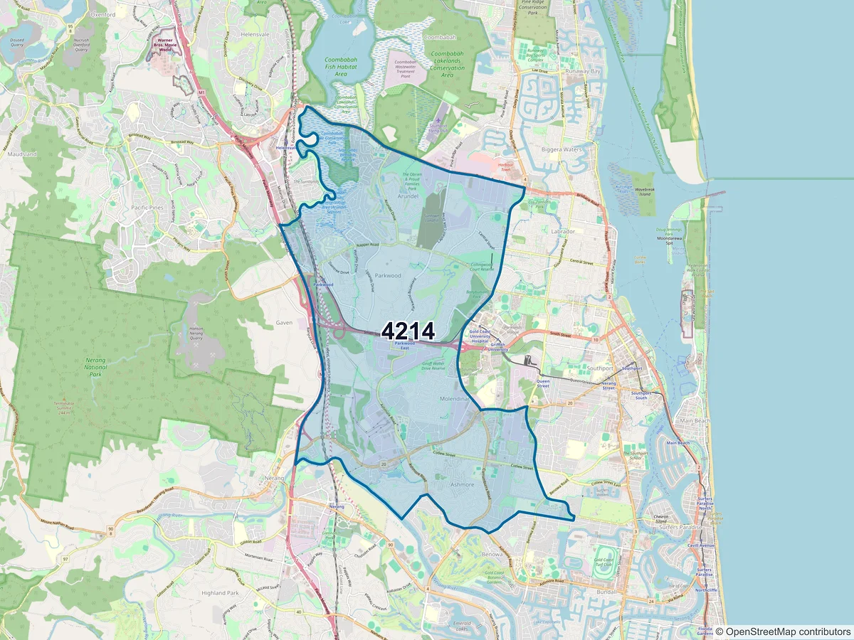 Map of postcode 4214 — Ashmore, QLD, Australia
