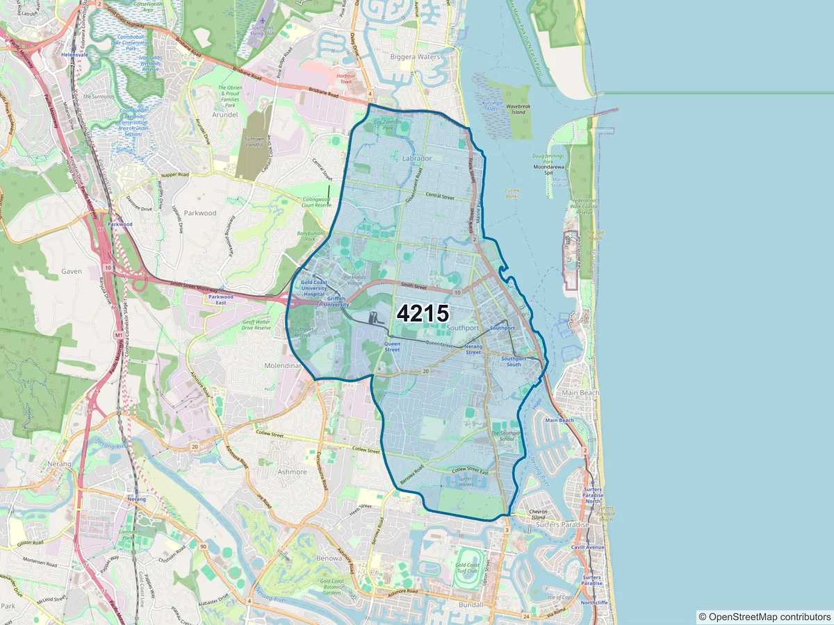 Map of postcode 4215 — Southport, QLD, Australia