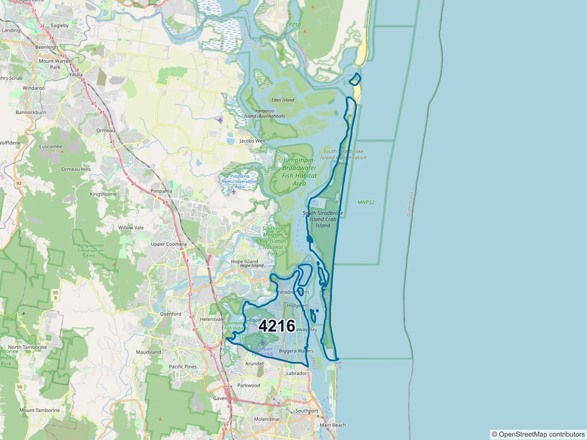 Map of postcode 4216 — Biggera Waters, QLD, Australia
