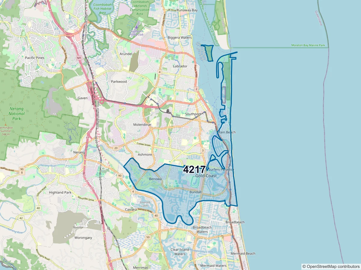 Map of postcode 4217 — Surfers Paradise, QLD, Australia