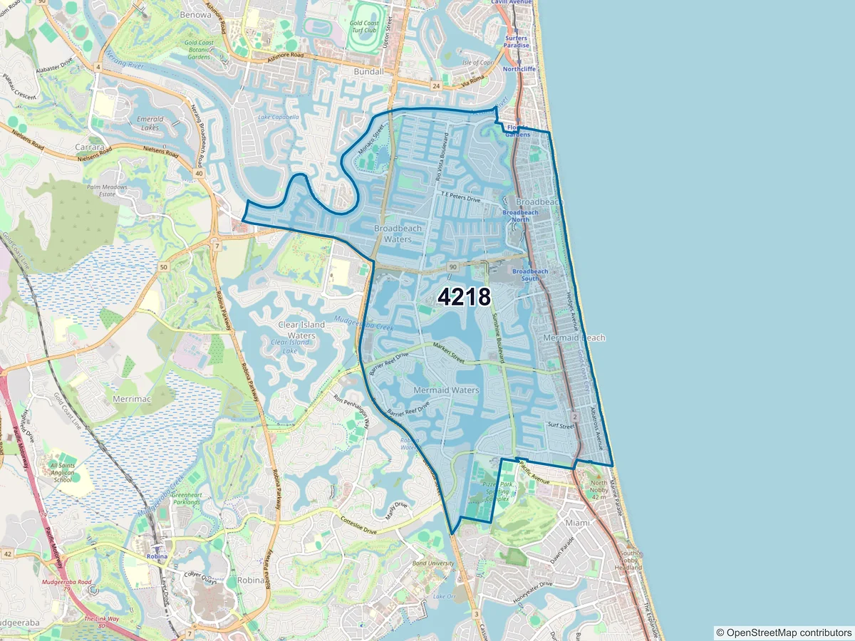 Map of postcode 4218 — Broadbeach, QLD, Australia
