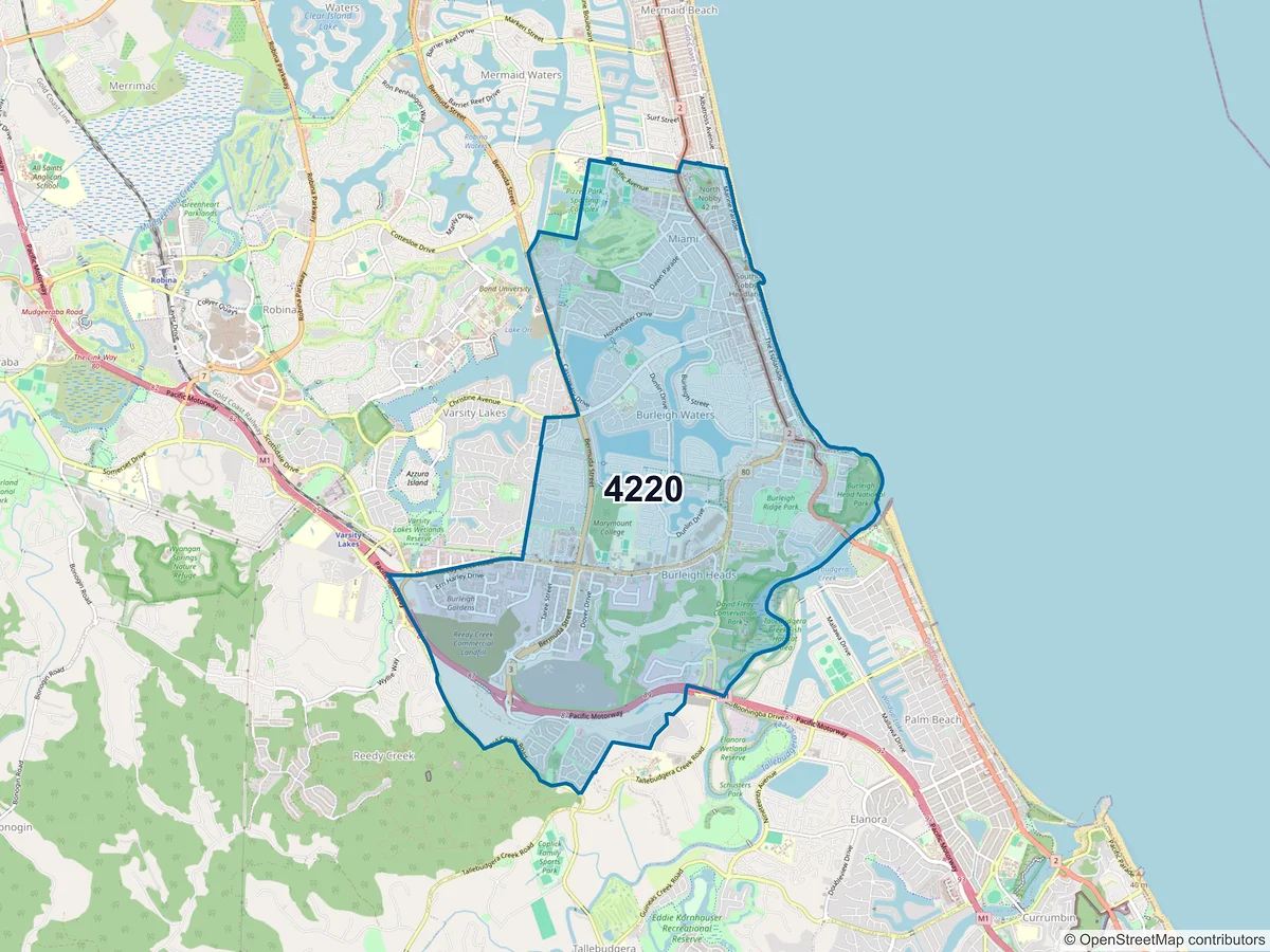 Map of postcode 4220 — Burleigh Heads, QLD, Australia