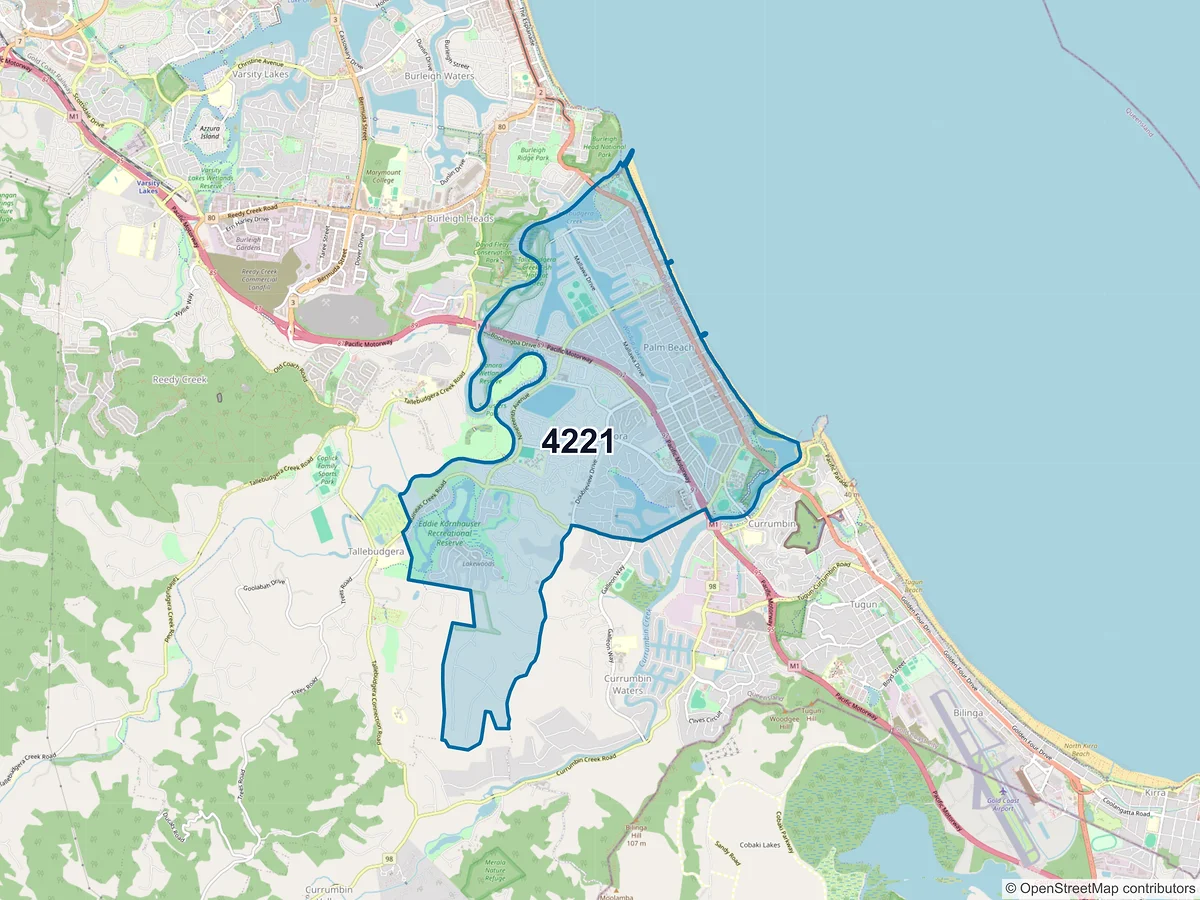 Map of postcode 4221 — Palm Beach, QLD, Australia