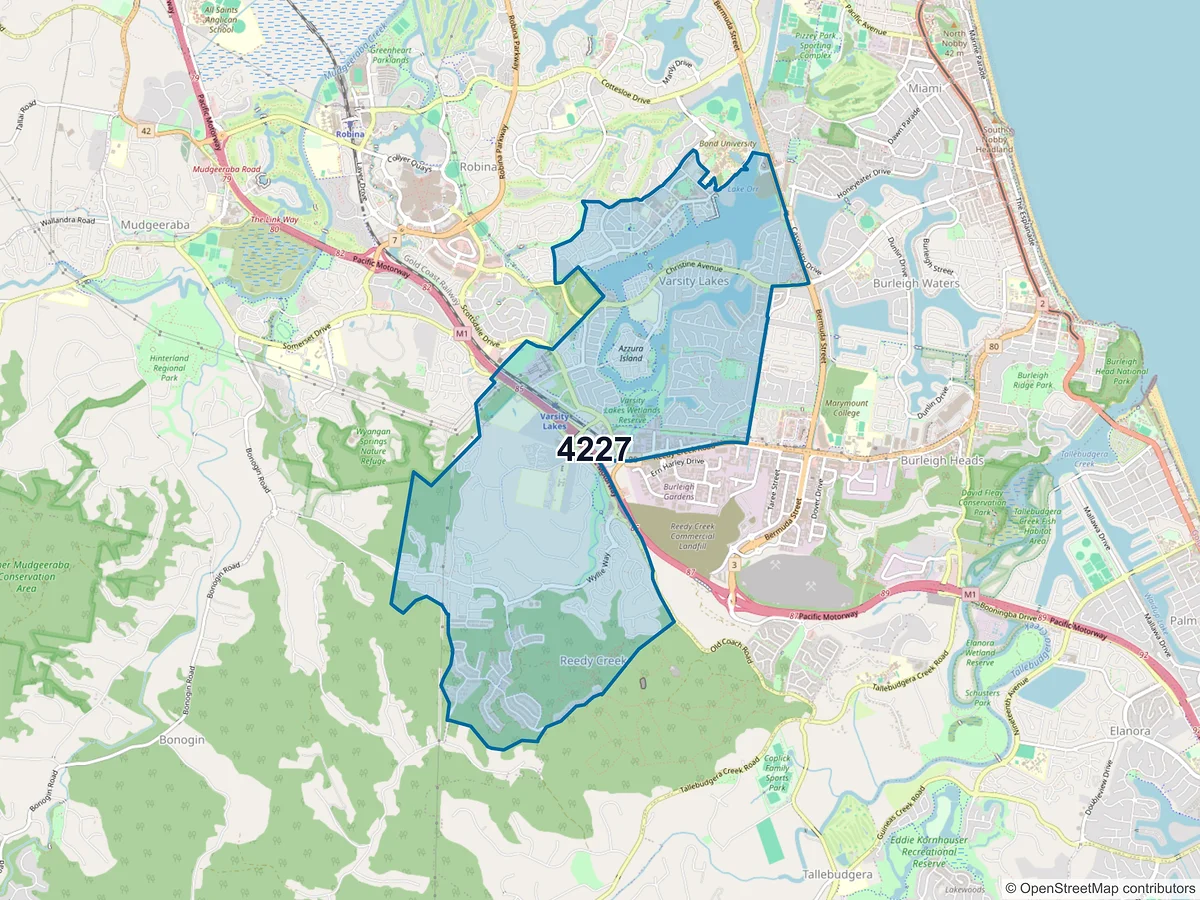 Map of postcode 4227 — Varsity Lakes, QLD, Australia