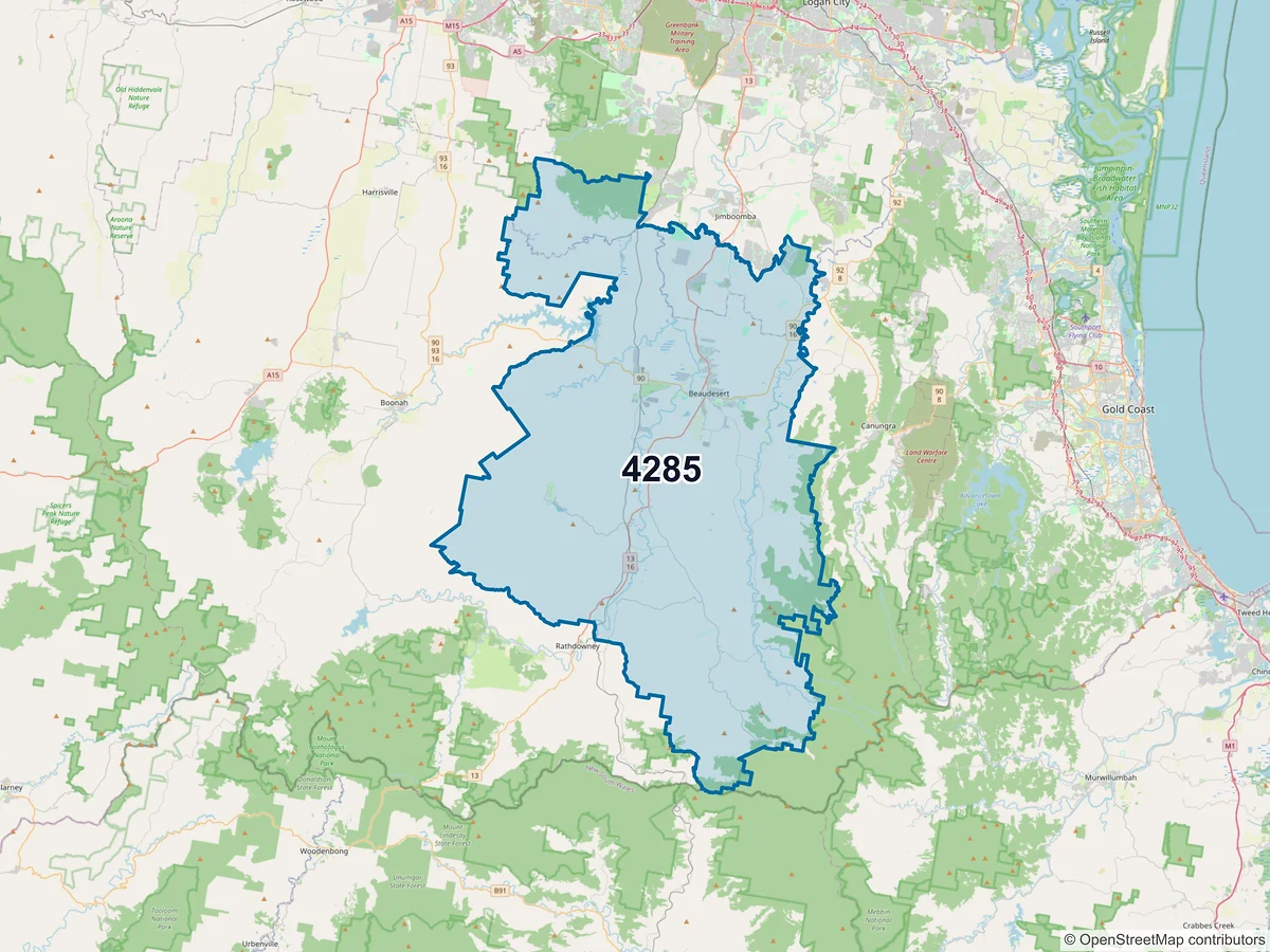Map of postcode 4285 — Beaudesert, QLD, Australia