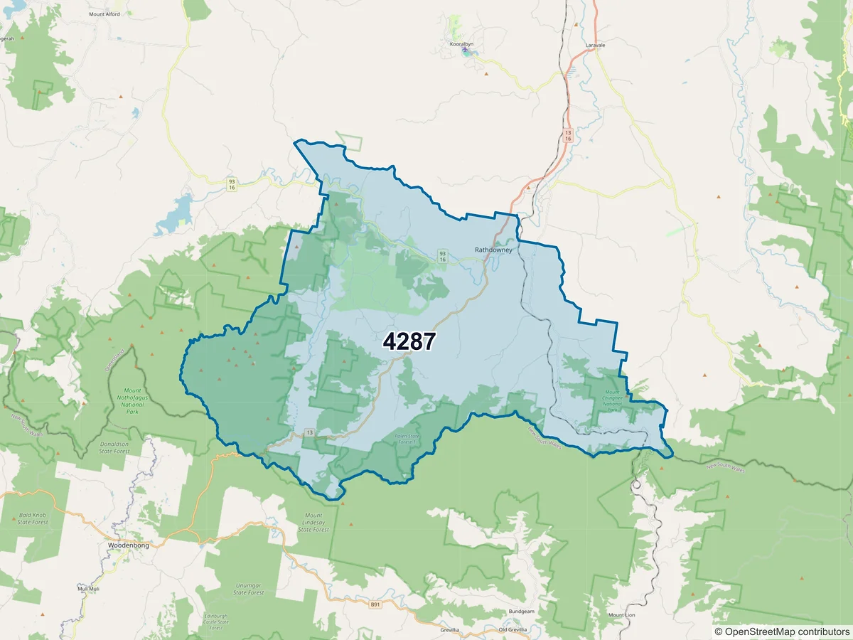 Map of postcode 4287 — Rathdowney, QLD, Australia