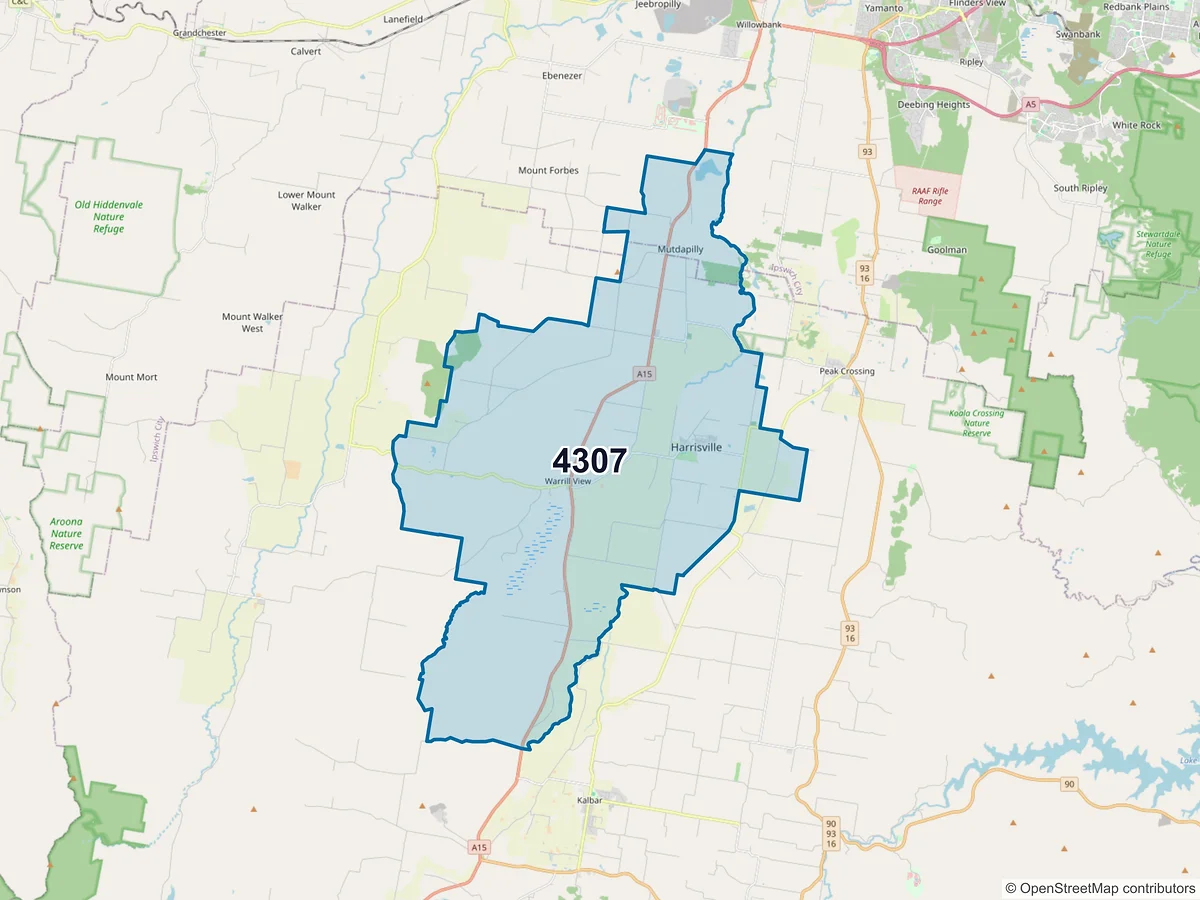 Map of postcode 4307 — Harrisville, QLD, Australia