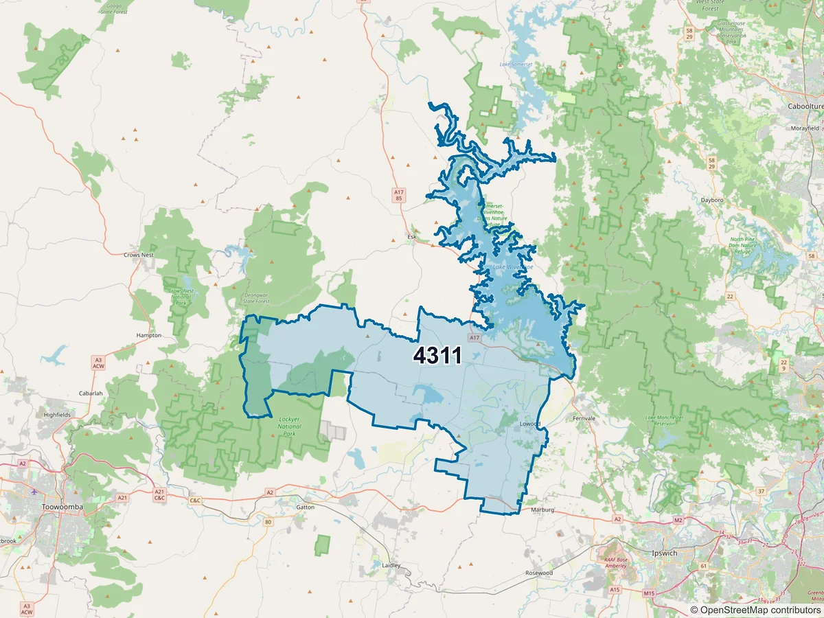 Map of postcode 4311 — Lowood, QLD, Australia