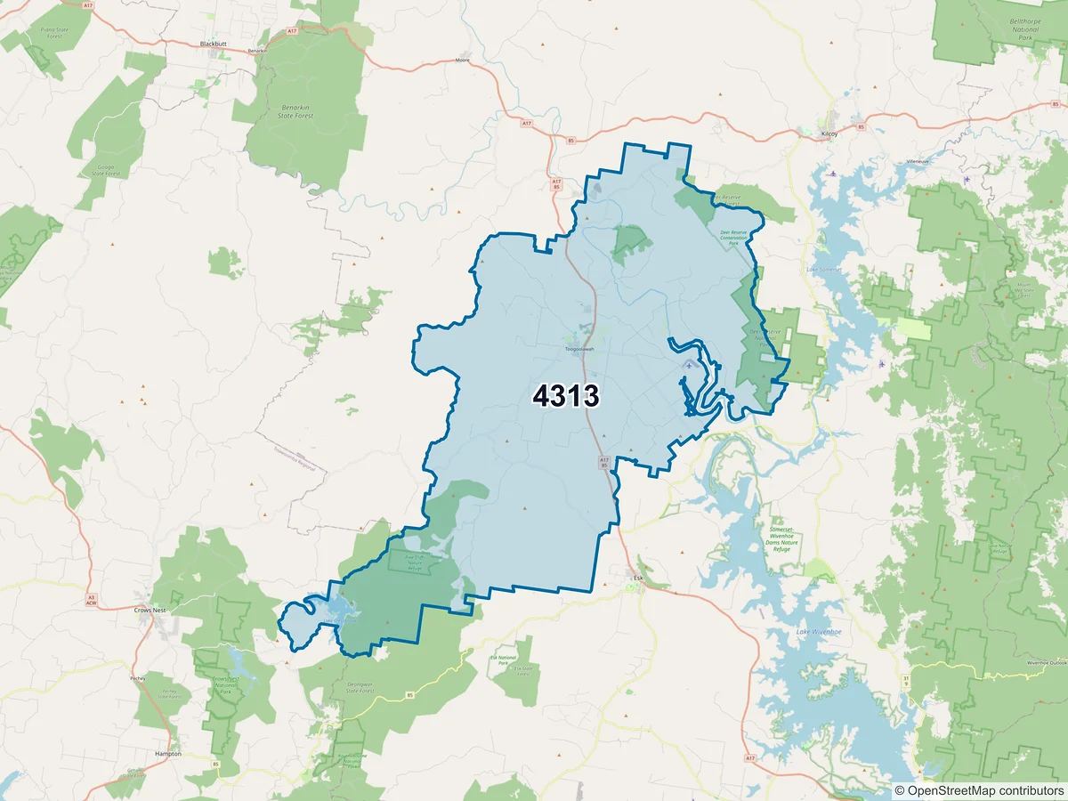 Map of postcode 4313 — Toogoolawah, QLD, Australia