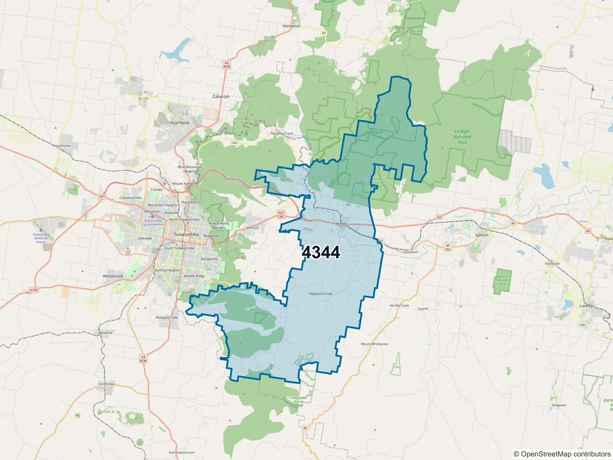 Map of postcode 4344 — Helidon, QLD, Australia