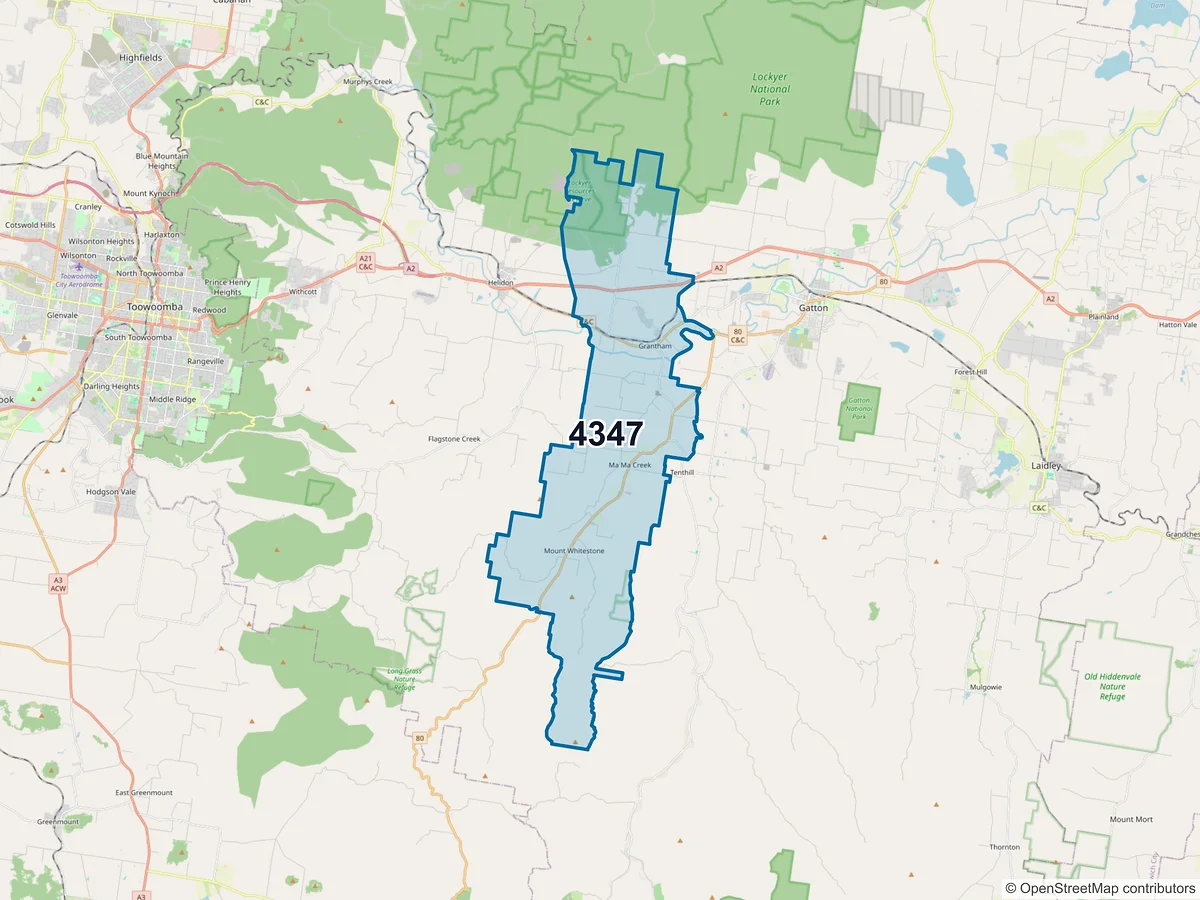 Map of postcode 4347 — Grantham, QLD, Australia