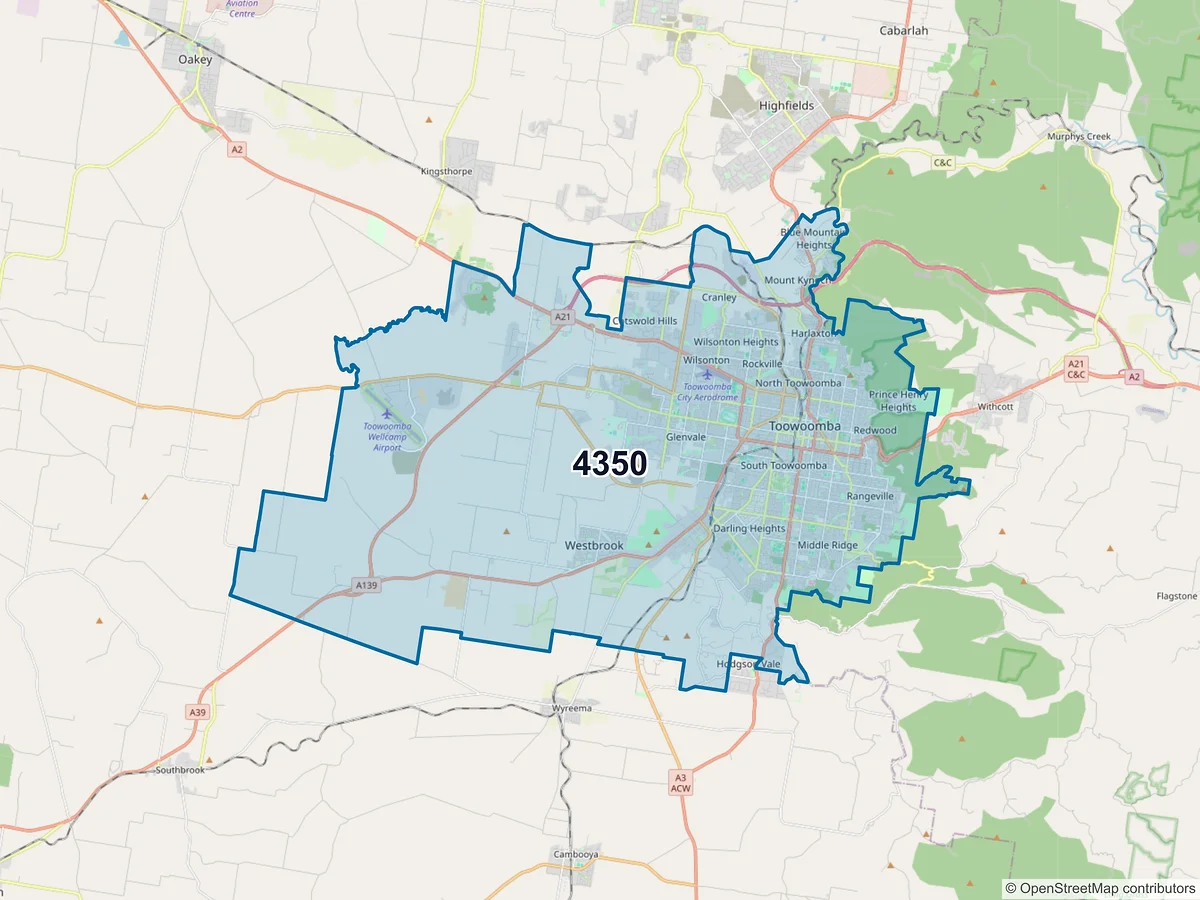 Map of postcode 4350 — Newtown, QLD, Australia