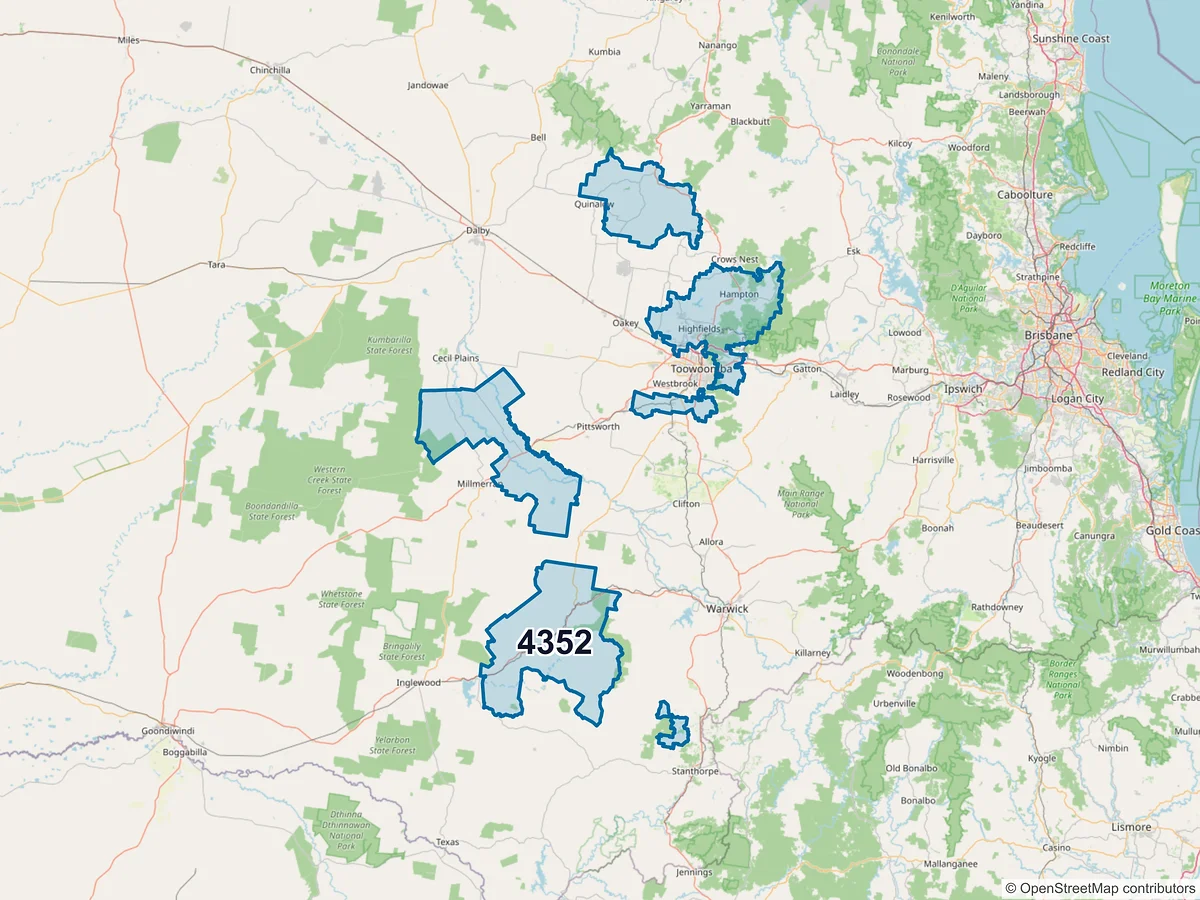 Map of postcode 4352 — Highfields, QLD, Australia