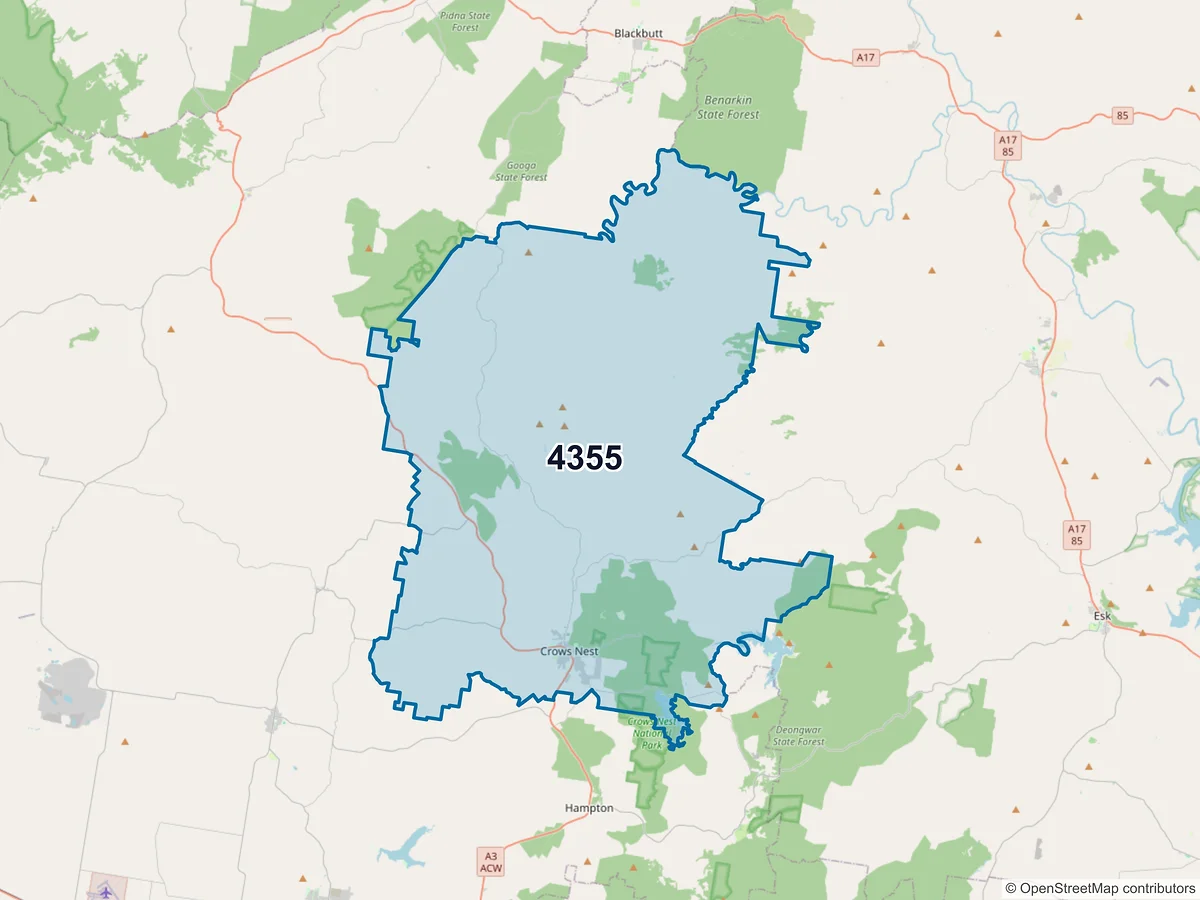 Map of postcode 4355 — Crows Nest, QLD, Australia
